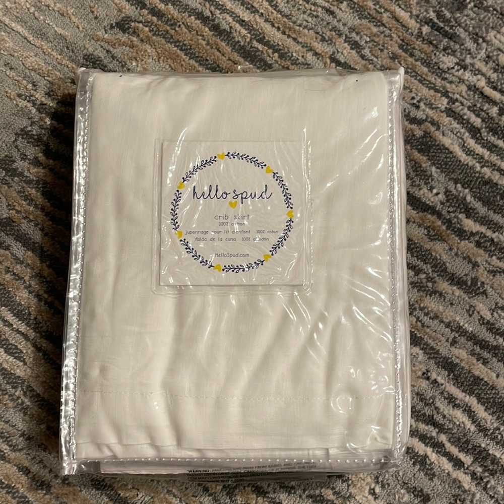 Hello Spud crib skirt 100% cotton  28’ wide x 51’ long x 15’ drop